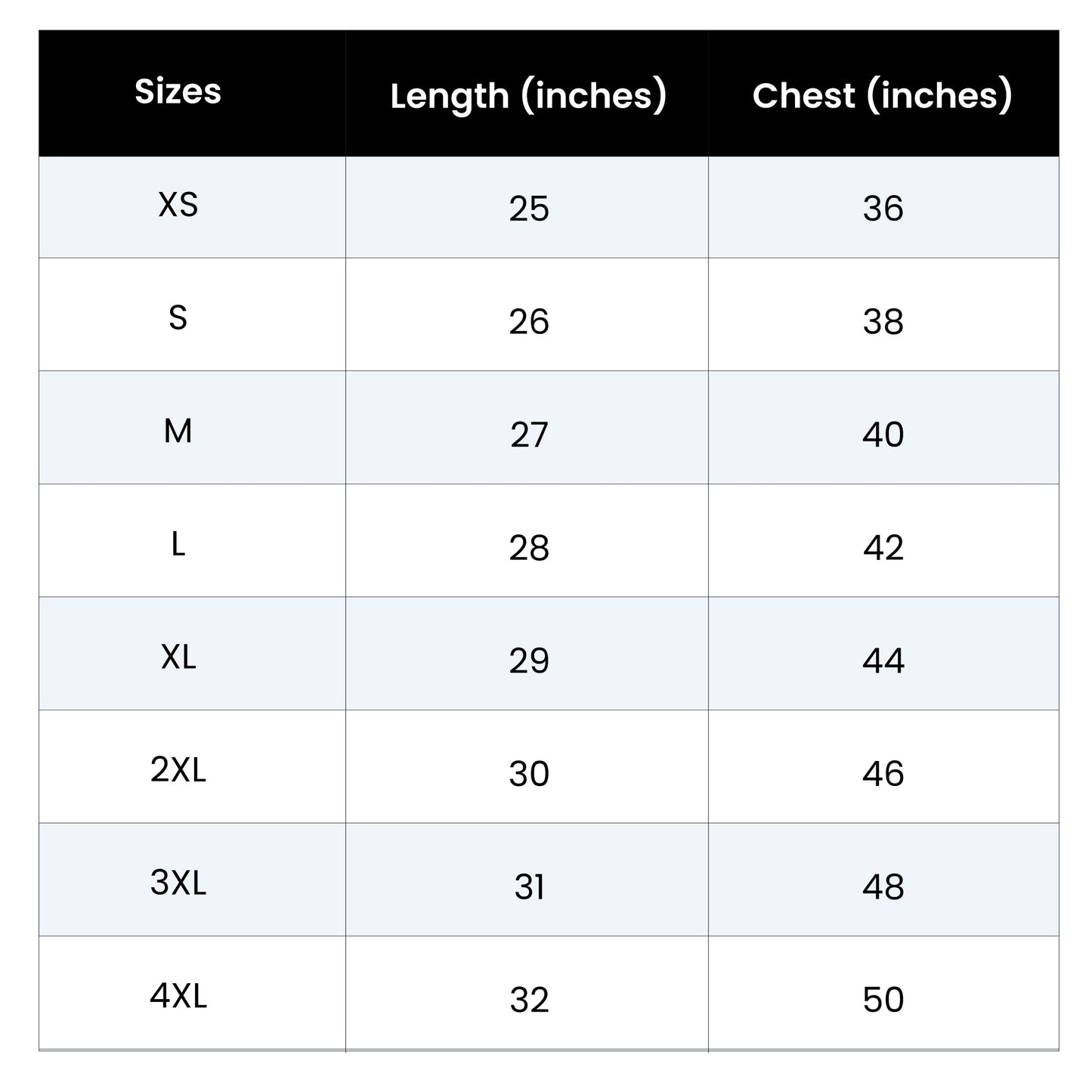 Classic Crew Unisex T-shirt size chart displaying sizes XS to 4XL with corresponding length and chest measurements in inches, organized in a table format with alternating row colors for readability.