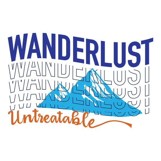 travel t-shirt design featuring the word 'WANDERLUST' in bold blue typography, a repeated faded text effect, a blue mountain illustration, and the phrase 'Untreatable' in stylish orange script on the white background.