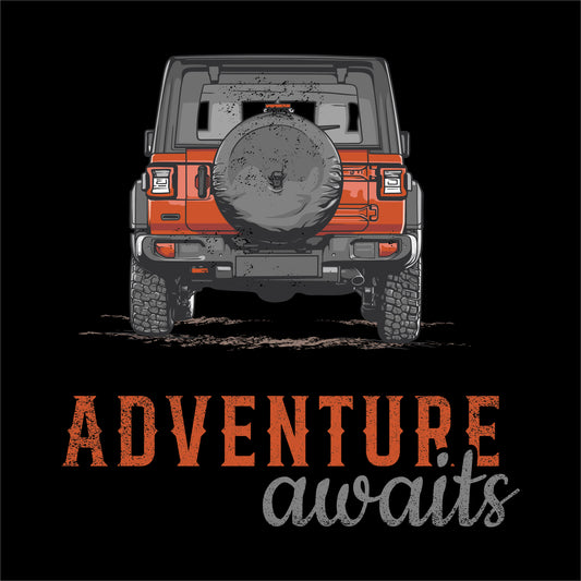 travel t-shirt design featuring a graphic design of an off-road Jeep in orange and gray, with the text 'ADVENTURE awaits' in bold, distressed typography on the black background.