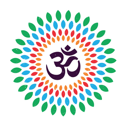 yoga t-shirt design featuring a colorful mandala design with green, blue, and red petal-like patterns surrounding a bold purple Om (Aum) symbol at the center, representing spirituality and mindfulness on the white background