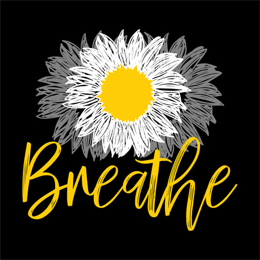 yoga t-shirt design featuring a hand-drawn daisy with a yellow center and white-to-gray petals, accompanied by the word 'Breathe' in elegant yellow script, promoting mindfulness and relaxation on the black bakground.