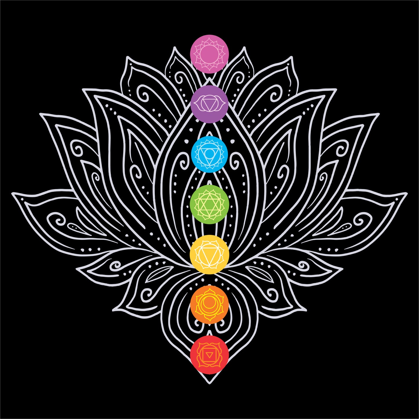 yoga t-shirt design featuring an intricate white lotus design with seven colorful chakra symbols aligned in the center, representing balance, spirituality, and meditation on the black background.