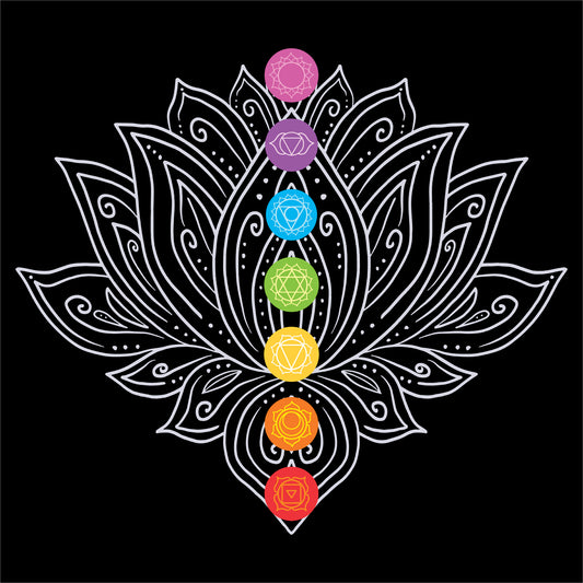 yoga t-shirt design featuring an intricate white lotus design with seven colorful chakra symbols aligned in the center, representing balance, spirituality, and meditation on the black background.