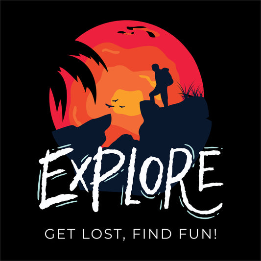 travel t-shirt design featuring an adventure-themed design with the word 'EXPLORE' in bold, rugged font, a silhouette of a hiker against a sunset, and the phrase 'GET LOST, FIND FUN!" on the black background