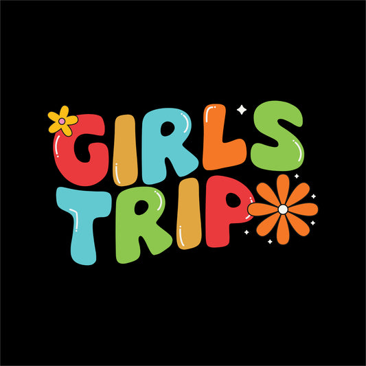 travel t-shirt design with a colorful retro-style 'GIRLS TRIP' design, featuring playful typography, flowers, and a fun, vibrant theme perfect for group vacations on the black background