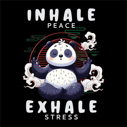 yoga t-shirt design featuring a meditating panda in a peaceful pose, surrounded by a Zen-inspired background, with the text 'Inhale Peace, Exhale Stress' promoting mindfulness and relaxation on the black background.