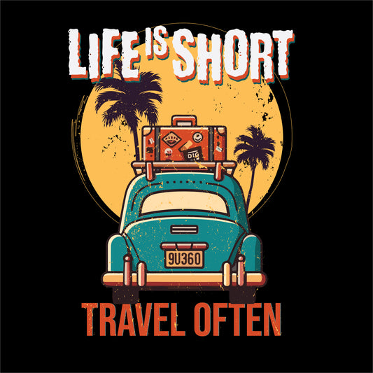 travel t-shirt design featuring a vintage-style design with the phrase 'LIFE IS SHORT, TRAVEL OFTEN,' an old-school car carrying luggage, palm trees, and a sunset background, perfect for adventure lovers on the black background