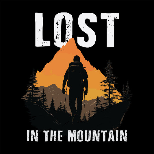 travel t-shirt design featuring a rugged mountain adventure design with the phrase 'LOST IN THE MOUNTAIN,' depicting a lone hiker against a sunset-lit peak, perfect for outdoor explorers and travel enthusiasts on the black background.