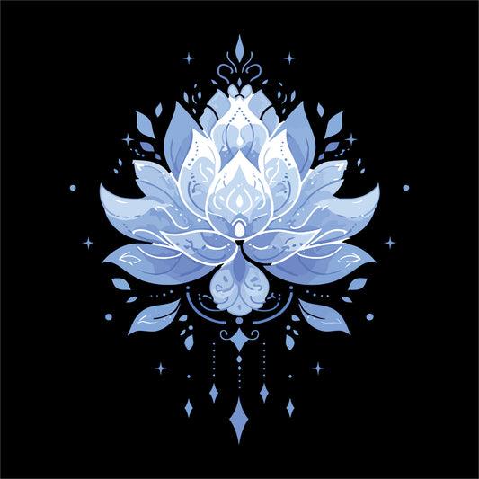 yoga t-shirt design featuring an intricate, glowing blue lotus flower design with decorative patterns and sparkling elements, symbolizing peace, mindfulness, and spiritual growth in the black background.