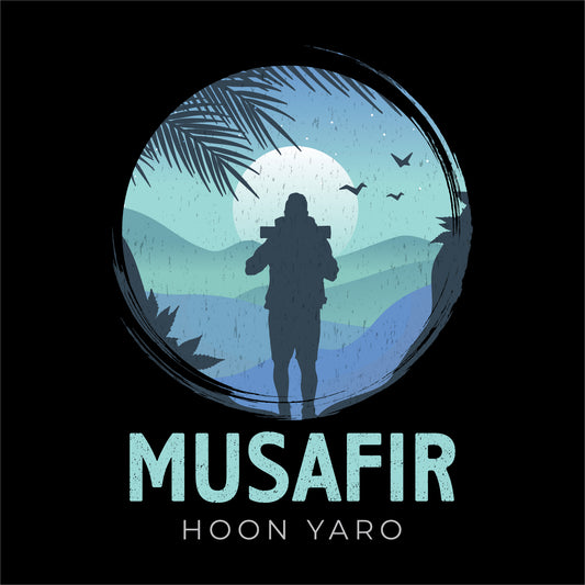 travel t-shirt design featuring a silhouette of a backpacker against a scenic blue mountain backdrop, with the phrase 'MUSAFIR HOON YARO,' perfect for wanderlust-driven explorers on the black background.