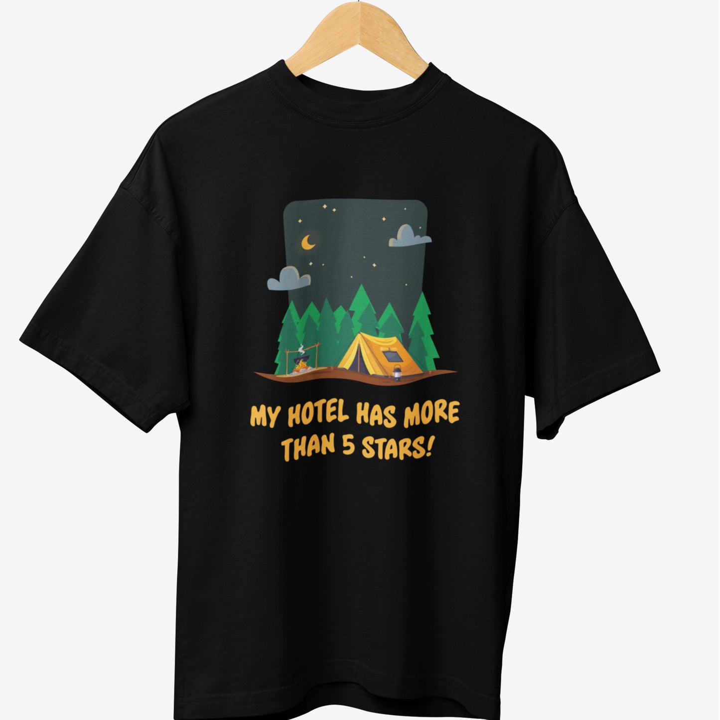 Black travel t-shirt featuring a camping scene under a starry night sky with the phrase 'My Hotel Has More Than 5 Stars!'—perfect for outdoor and adventure lovers.