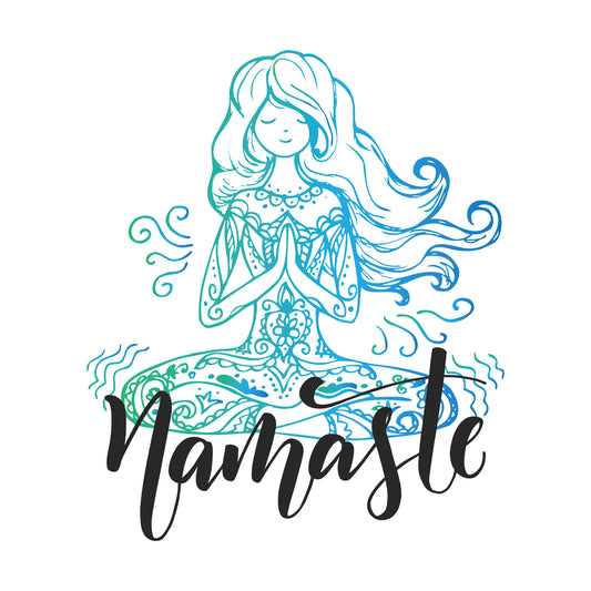 yoga t-shirt design of a serene, artistic illustration of a meditating woman with flowing hair and intricate patterns, accompanied by the word 'Namaste' in elegant script, symbolizing peace and mindfulness in the white background.
