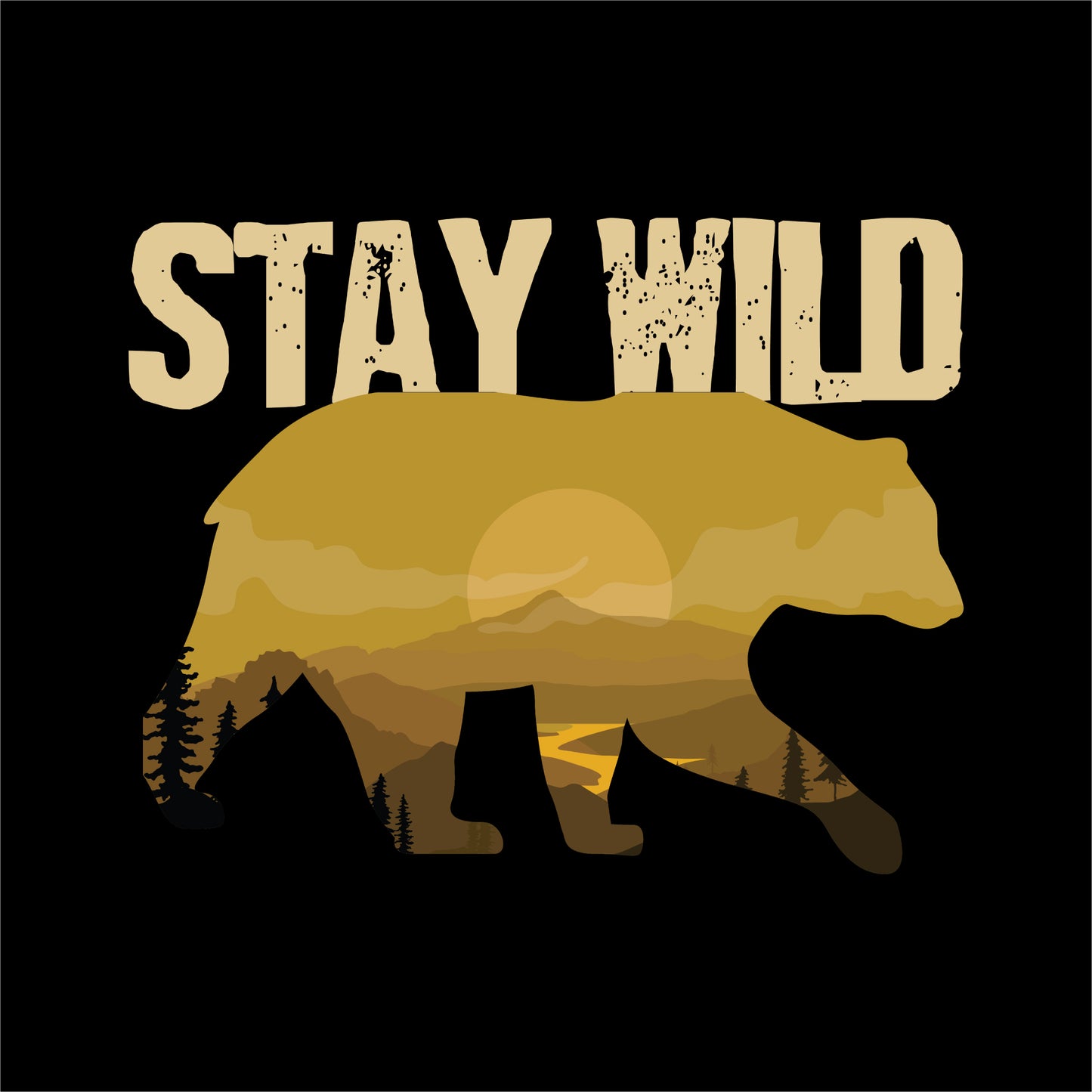 travel t-shirt design featuring a golden bear silhouette with a mountain landscape inside and the bold text 'Stay Wild,' symbolizing adventure and the spirit of exploration on the black background