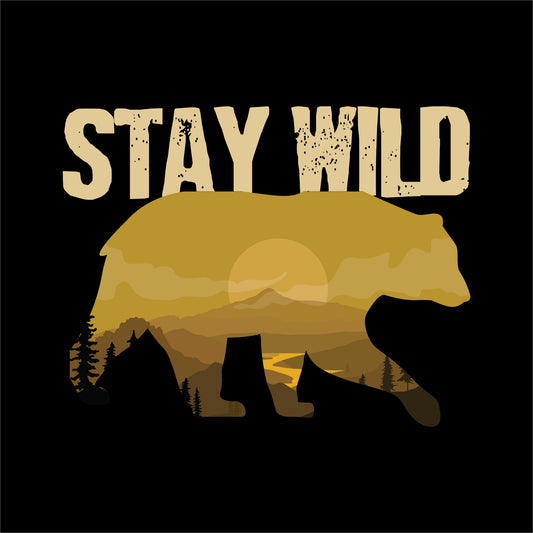 travel t-shirt design featuring a golden bear silhouette with a mountain landscape inside and the bold text 'Stay Wild,' symbolizing adventure and the spirit of exploration on the black background