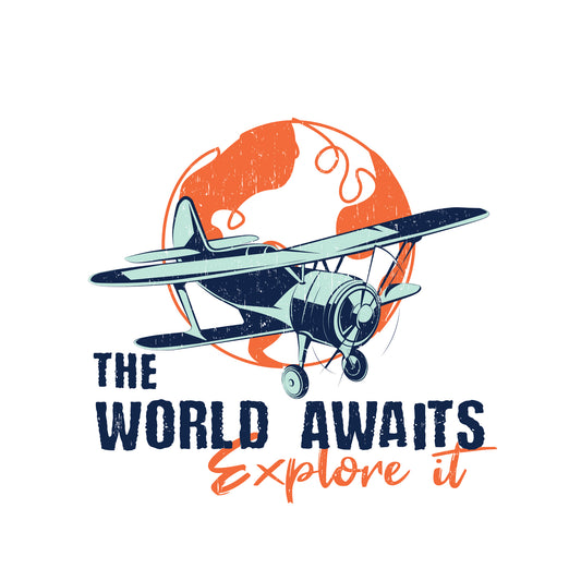 travel t-shirt design featuring a vintage airplane flying over an orange globe with the inspiring text 'The World Awaits – Explore It,' symbolizing adventure and wanderlust on the white background.