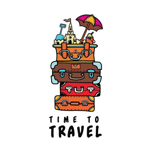 travel t-shirt design featuring a colorful graphic of stacked suitcases with famous landmarks, an umbrella, and the phrase 'Time to Travel' in playful typography on the white background