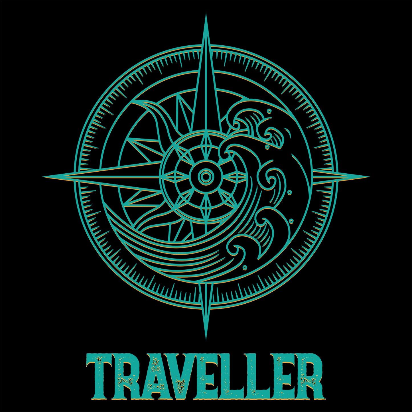 travel t-shirt design featuring a turquoise compass design with intricate wave patterns and the word 'TRAVELLER' in bold, stylish typography on the black background.