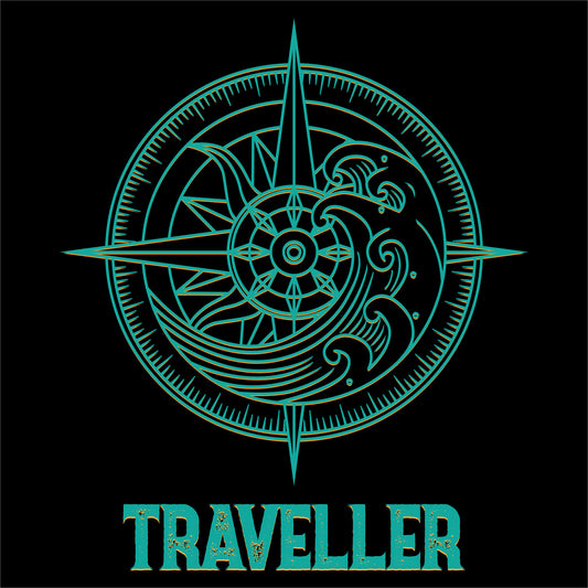 travel t-shirt design featuring a turquoise compass design with intricate wave patterns and the word 'TRAVELLER' in bold, stylish typography on the black background.