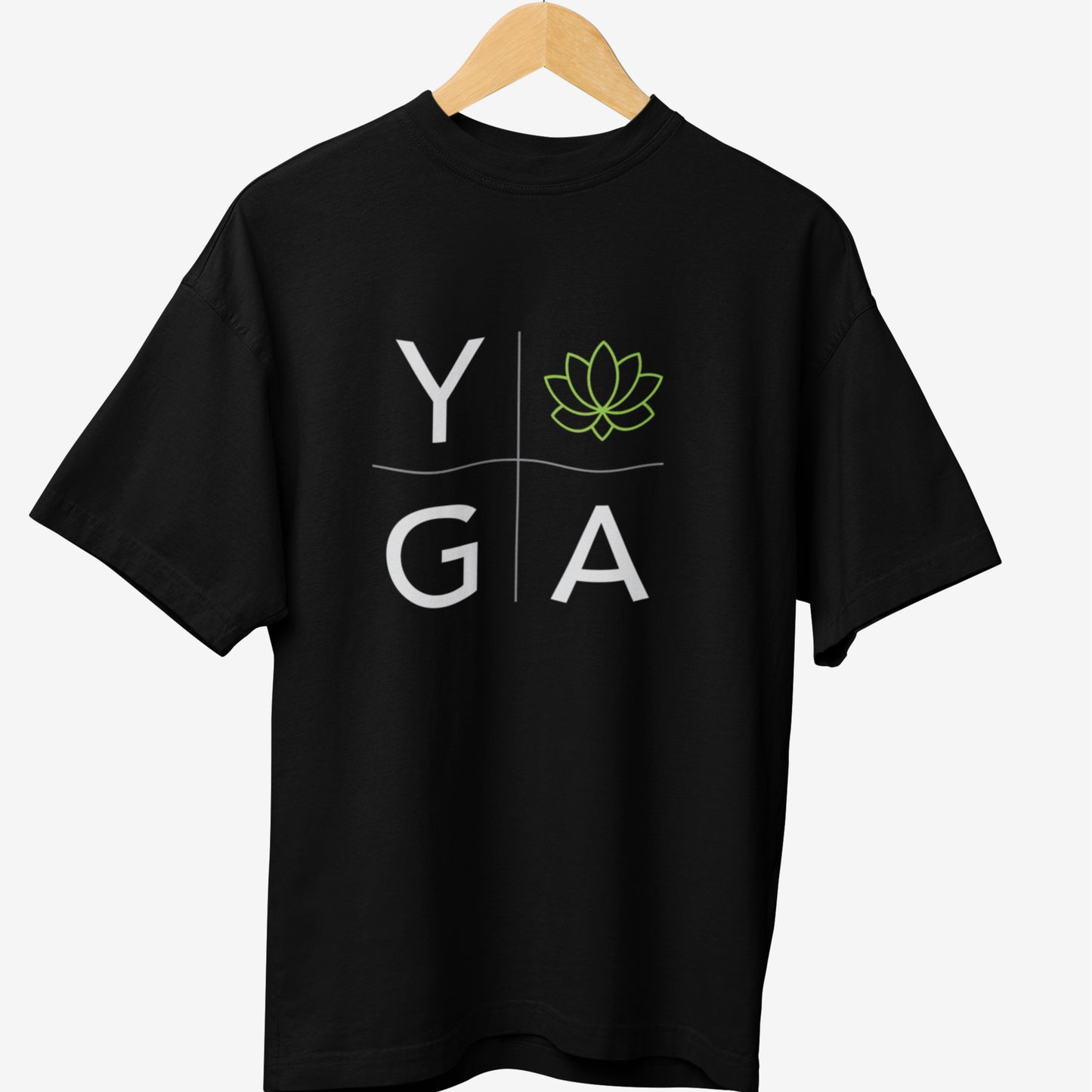 Black yoga t-shirt featuring a minimalist design with the word 'YOGA' split into four quadrants, incorporating a green lotus flower symbol, representing balance, mindfulness, and relaxation.