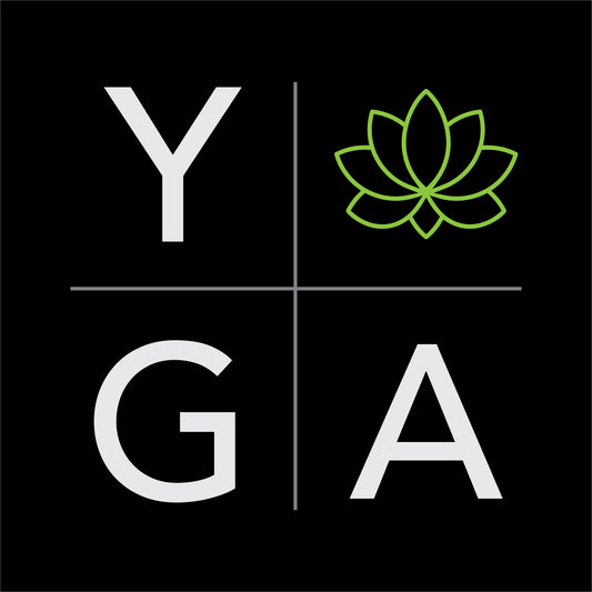 yoga t-shirt design with the word 'YOGA' split into four quadrants, incorporating a green lotus flower symbol, representing balance, mindfulness, and relaxation in the background on a black backdrop..