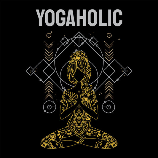 Yoga t-shirt design with the word 'YOGAHOLIC' in bold uppercase letters above an intricate golden illustration of a meditating woman in a cross-legged pose, with geometric and spiritual patterns in the background on a black backdrop.