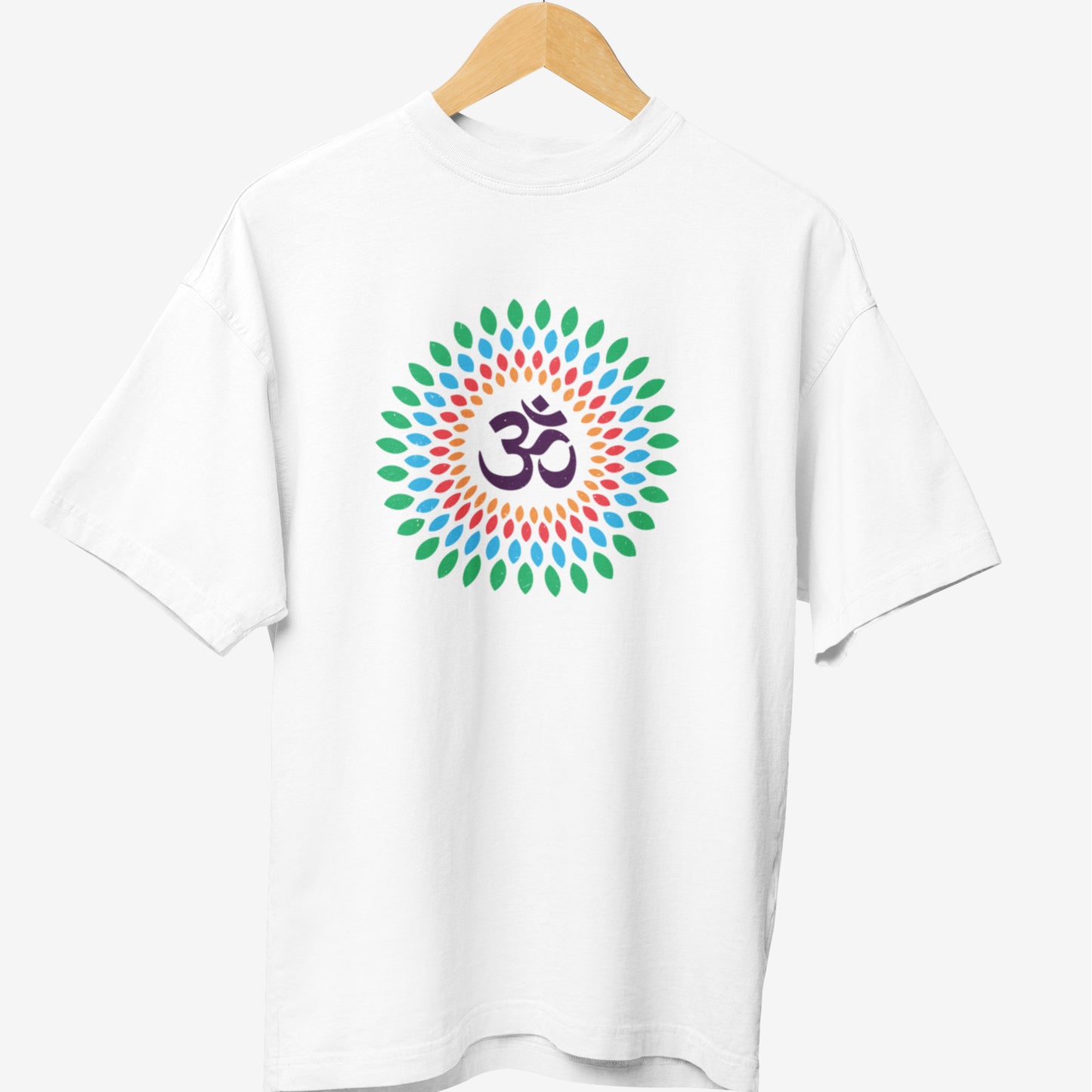 White yoga t-shirt featuring a colorful mandala design with green, blue, and red petal-like patterns surrounding a bold purple Om (Aum) symbol at the center, representing spirituality and mindfulness.