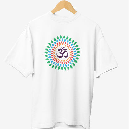 White yoga t-shirt featuring a colorful mandala design with green, blue, and red petal-like patterns surrounding a bold purple Om (Aum) symbol at the center, representing spirituality and mindfulness.