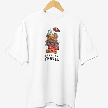 White travel t-shirt featuring a colorful graphic of stacked suitcases with famous landmarks, an umbrella, and the phrase 'Time to Travel' in playful typography.