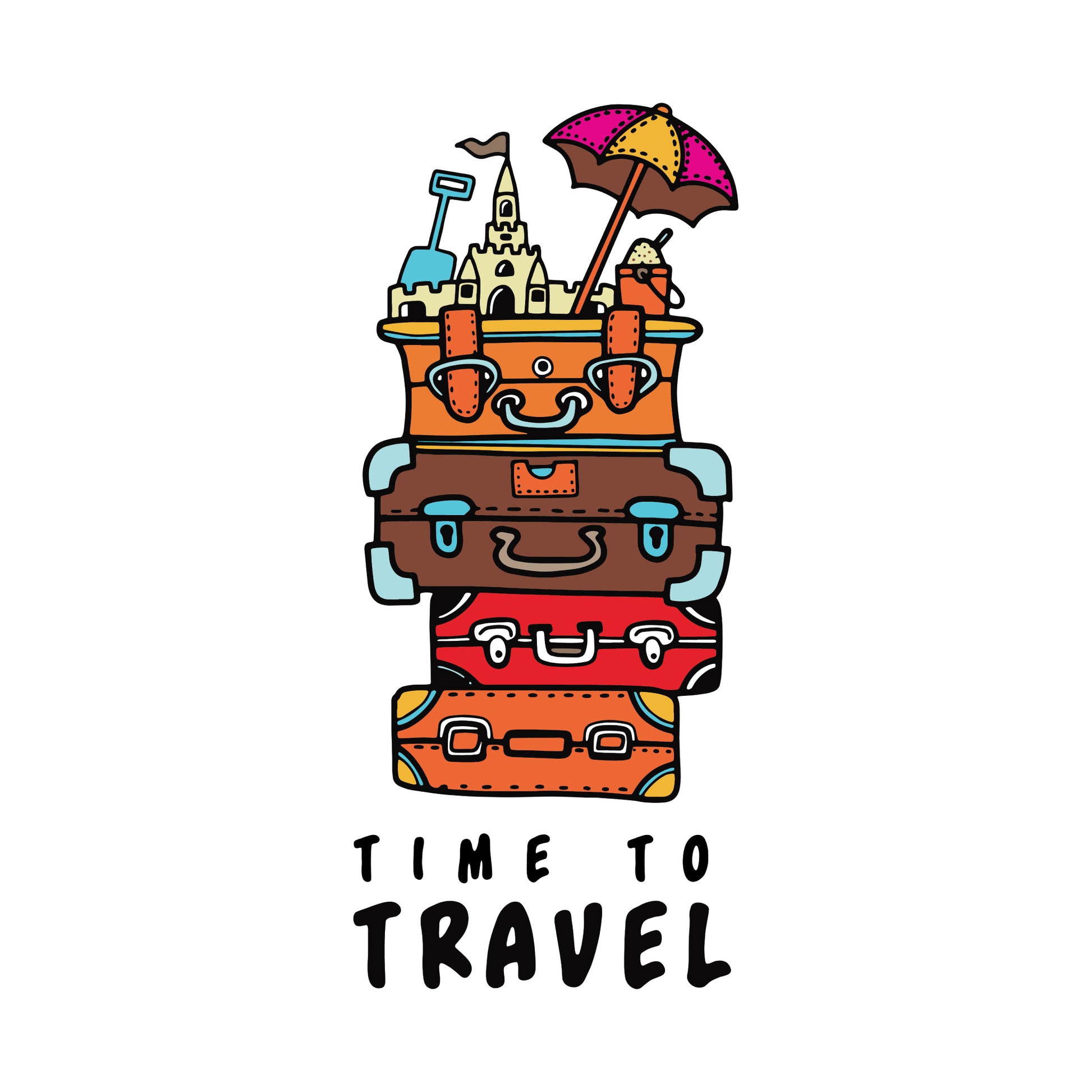 travel t-shirt design featuring a colorful graphic of stacked suitcases with famous landmarks, an umbrella, and the phrase 'Time to Travel' in playful typography on the white background