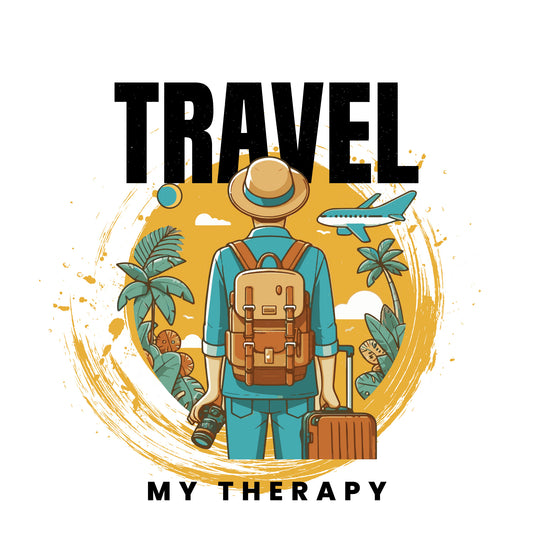 travel t-shirt design featuring a graphic of a traveler with a backpack and suitcase, surrounded by tropical elements, an airplane, and the bold text 'TRAVEL MY THERAPY' in a modern design on the white background.