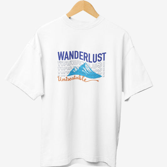 White travel t-shirt featuring the word 'WANDERLUST' in bold blue typography, a repeated faded text effect, a blue mountain illustration, and the phrase 'Untreatable' in stylish orange script